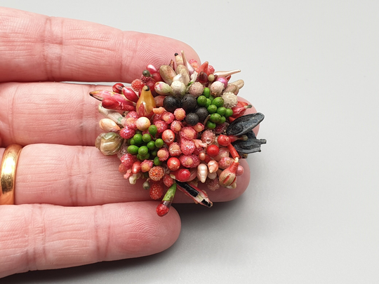 1940's Make Do & Mend Seed Brooch - Tutti Fruitti Pin Tied Coloured Seeds Beads Leather Old Pin Base Good Example