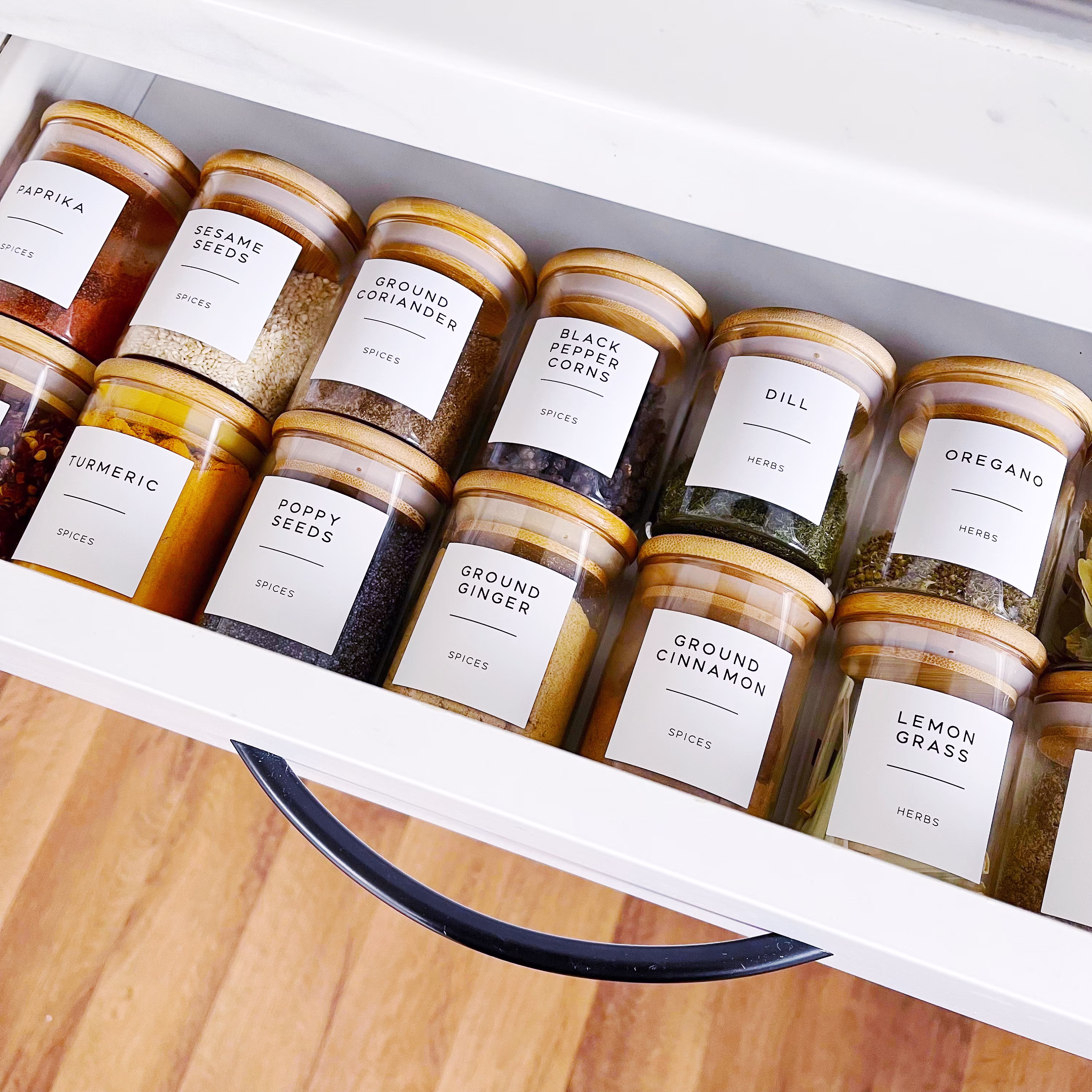 Glass Spice Jar With Personalised Waterproof Minimalist Label - 200Ml Airtight Natural Bamboo Lid