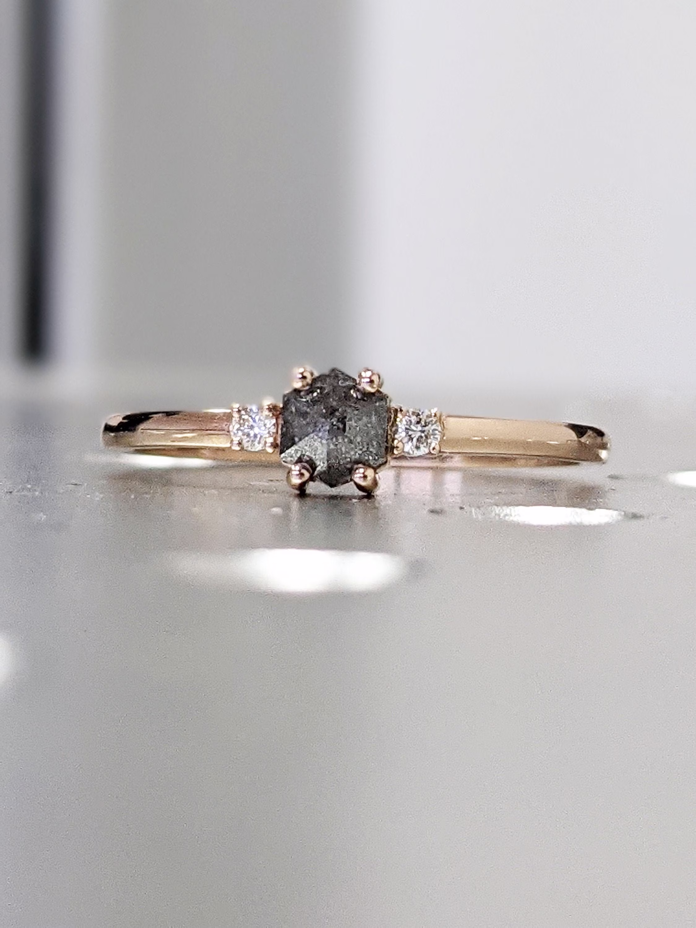 Natural Grey Diamond Wedding Ring in White Gold, Rose Gold Salt & Pepper, Unique 3 Stone Engagement Rings, & Pepper