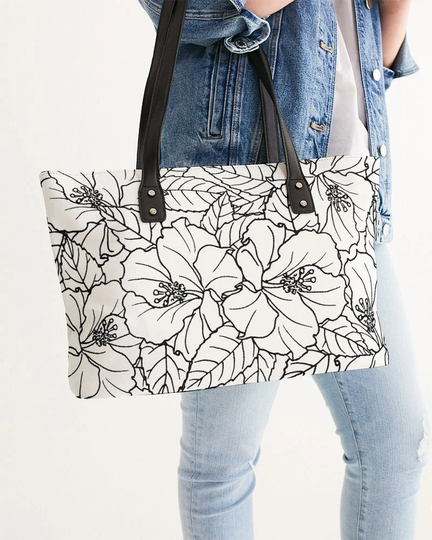 Floral Print Tote Shoulder Bag With Zippered Closure & Vegan Leather Tropical Hibiscus Graphic
