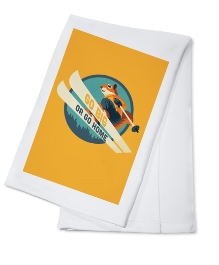 Tea Towel, Apron Ski Squirrel, Go Big Or Home, Contour, Lantern Press Artwork, Kitchen Cooking, Unisex, Adjustable, Organic Cotton