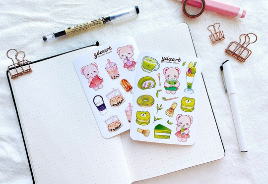 Cute Bears Sticker Sheet | Boba, Matcha Desserts, Donuts, Sweets, Bubble Tea Holder, Thai Iced