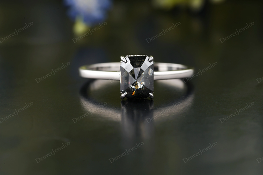 Vintage Salt & Pepper Diamond Ring, Emerald Cut Hidden Halo Ring , White Gold Solitaire Engagement Wedding Anniversary For Woman
