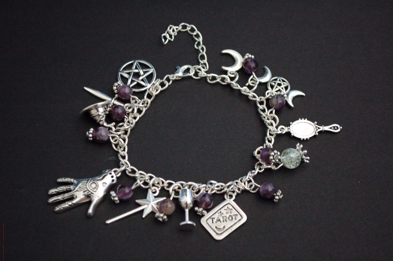 Silver Tone Fortune Teller Charm Bracelet Occult Palmist Crystal Ball Tea Leaves Tarot Purple Amethyst Beads