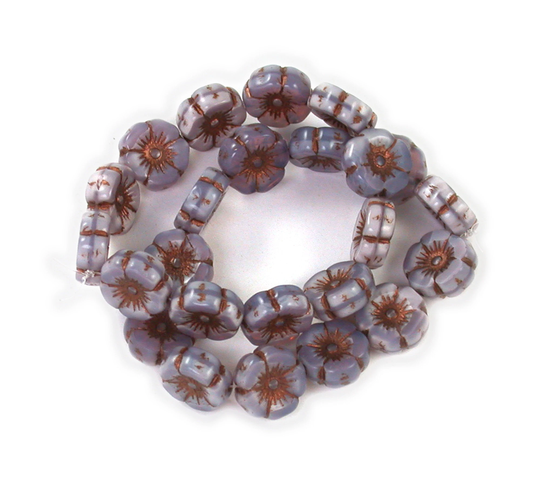 Purple Opaline White Opaque with Dark Bronze Decor Medium 12mm Hawaiian Hibiscus Flower Bead. Set Of 6, 12 Or 24