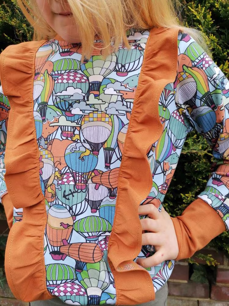 Organic Cotton Air Balloon Ruffle Tshirt, Kids Top, Retro Print Tee, Kids Clothes, Blouse, Scandi