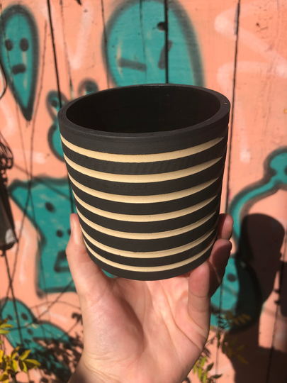 striped Ceramic Planter - Made To Order | Black Planter 6x6 Inches