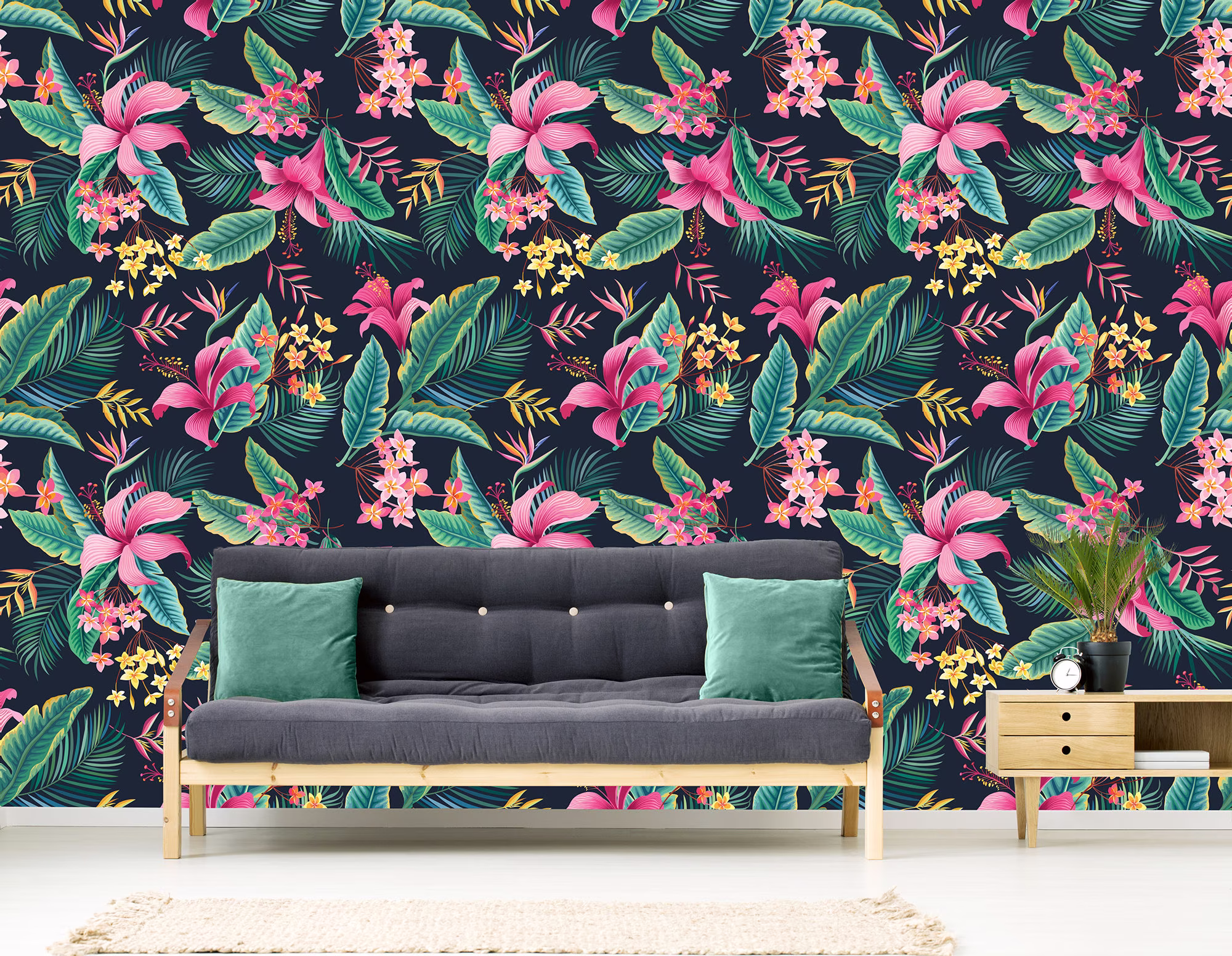 Tropical Leaves & Hibiscus, Floral Pattern, Dark Background, Wallpaper | Self-Adhesive, Removable, Peel Stick Wall Mural