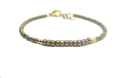 Turquoise Bracelet Gold Rustic Seed Beads Minimal Beaded Hawaii Jewelry Birthday Holiday Christmas Gift
