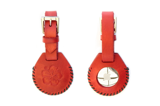 Red Hibiscus Flower Leather Airtag Keychain/Case Holder
