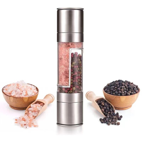 Pepper Mill,2 in 1 Spice Mills,Manual Ceramic Core Double Head Salt Mill Adjustable Grain Size,Pepper and Salt Shaker,Brushed Steel Salt and Pepper