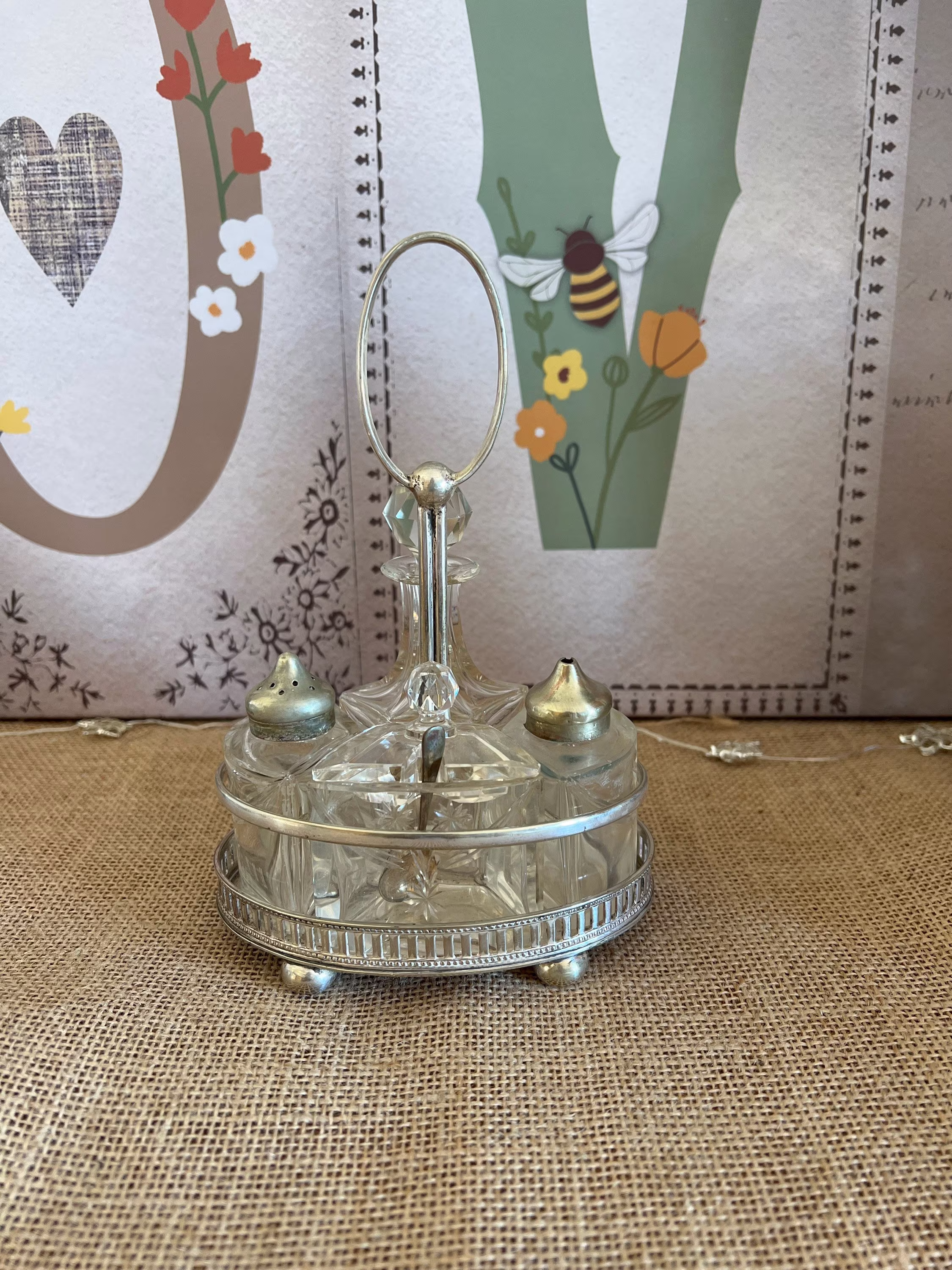 A Charming Antique Crystal Condiment Set in A Silver Plated 596 Epns Stand With Handle