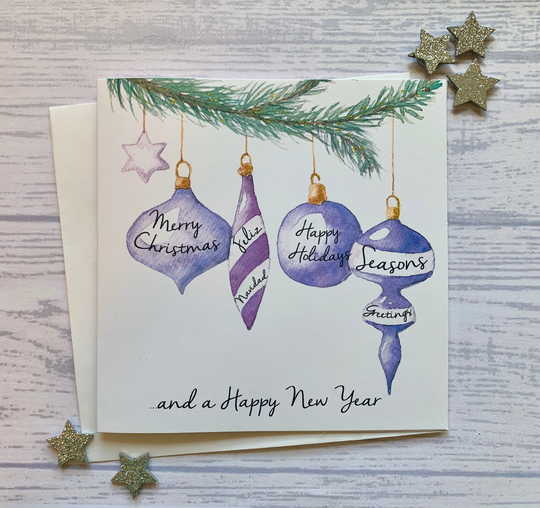 Pack Christmas Cards. Beautiful Watercolour Image Of Baubles, Ornaments, & Seasonal Greeting On Them Luxury Cards
