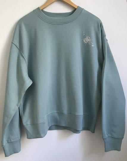 Small Bee Women's Organic Cotton Sweatshirt Slate Green Small Bumblebee Silver Print Ethical Clothing Warm Jumper
