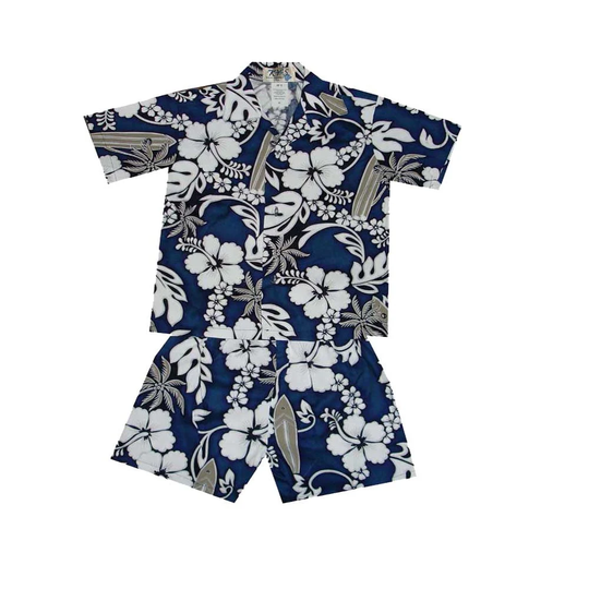 Hibiscus Leis Little Boy's Hawaiian Cabana Set Made in Hawaii | Toddler Baby Boy Shirt 100% Cotton