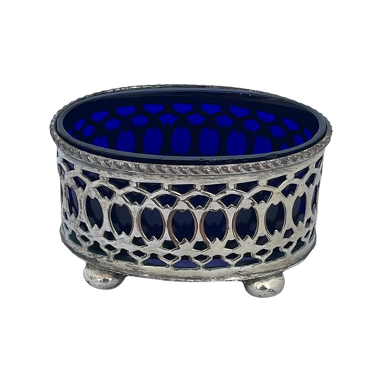 Antique Silver Plated Salt Cellar, Open Dish Blue Glass Liner, Alter Offering Bowl, Witchy Alter, Herb Dish, Bowl