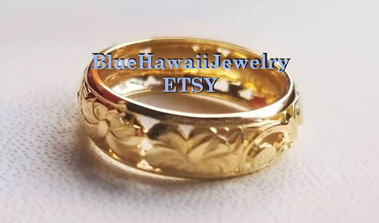 8mm Dome Cutout Hawaiian Heirloom Hibiscus Princess Ring 14Ky Gold Or Black Edge Made To Order