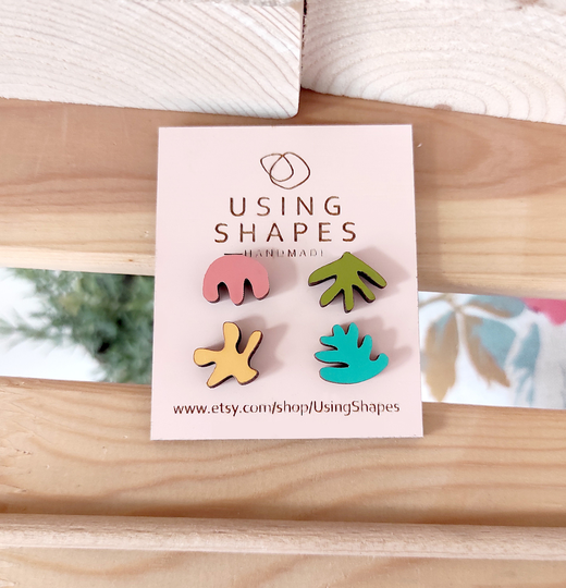 Set Of 4 Organic Shapes Stud Earrings, Colorfull Shapes, Wooden Post Hypoallergenic Posts, Eco Friendly, Smix01
