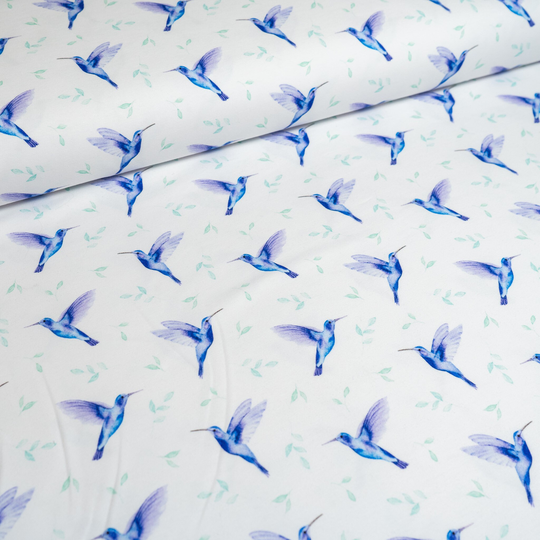 Organic Cotton Jersey, Exclusive Hummingbirds & Leaves On White, Stretch Knit Fabric
