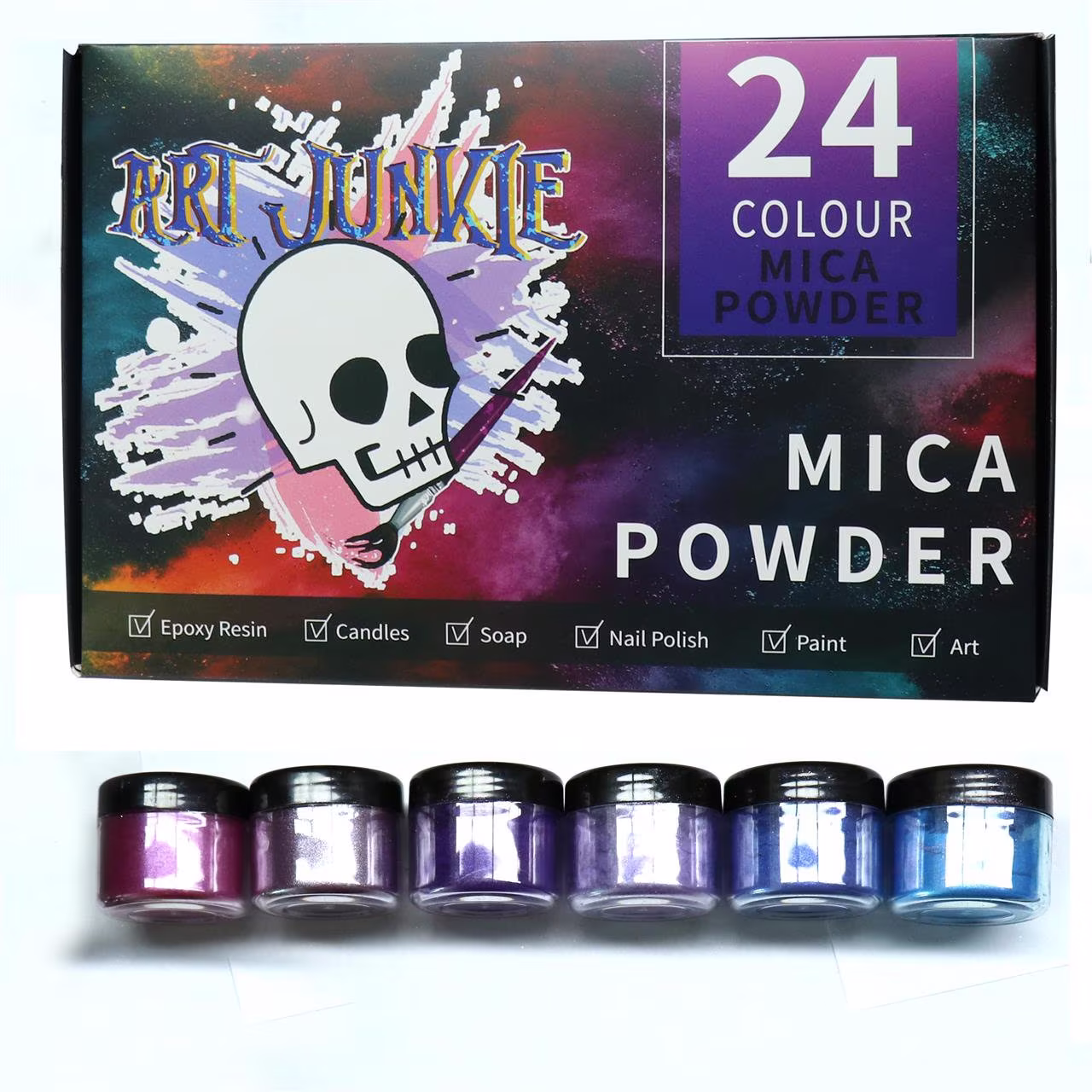 Art Junkie 24 Colour Mica Set Total 240 Grams Of Powder Suitable For Epoxy Resin, Candles, Bathbombs, Soap & Paint