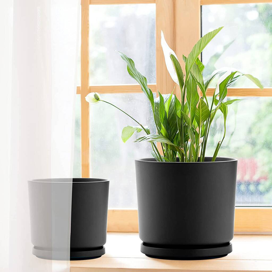 Set Of Two Black Ceramic Planters With Saucers