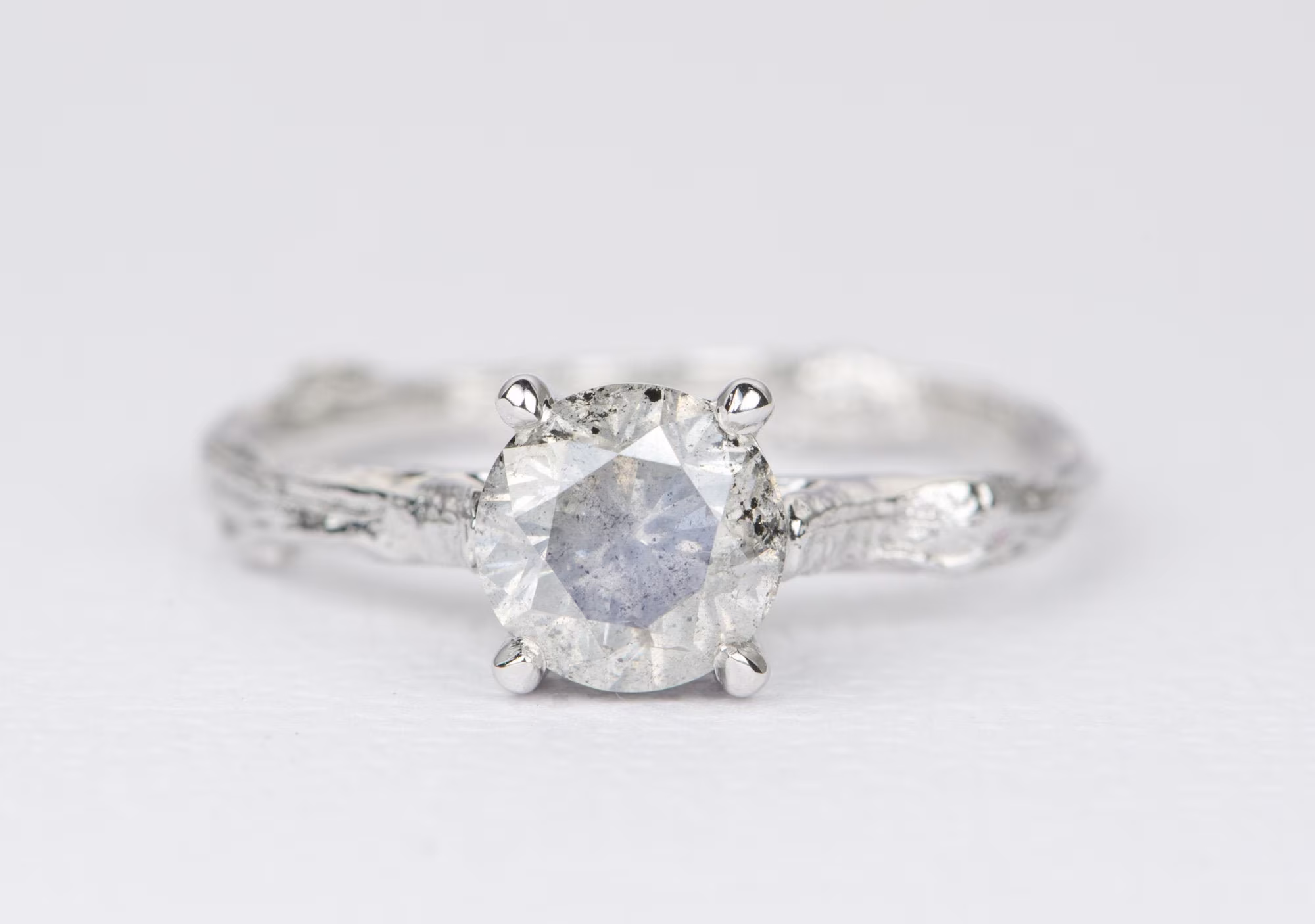 1.41Ct Solitaire Salt & Pepper Diamond 14K White Gold Engagement Ring Nature Inspired Branch Shank Ooak Alternative Bride Ad2196-1