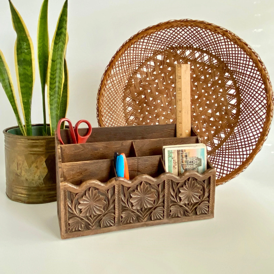 Vintage Lerner Faux Wood Desk Organizer, Accessory, Boho Office Decor