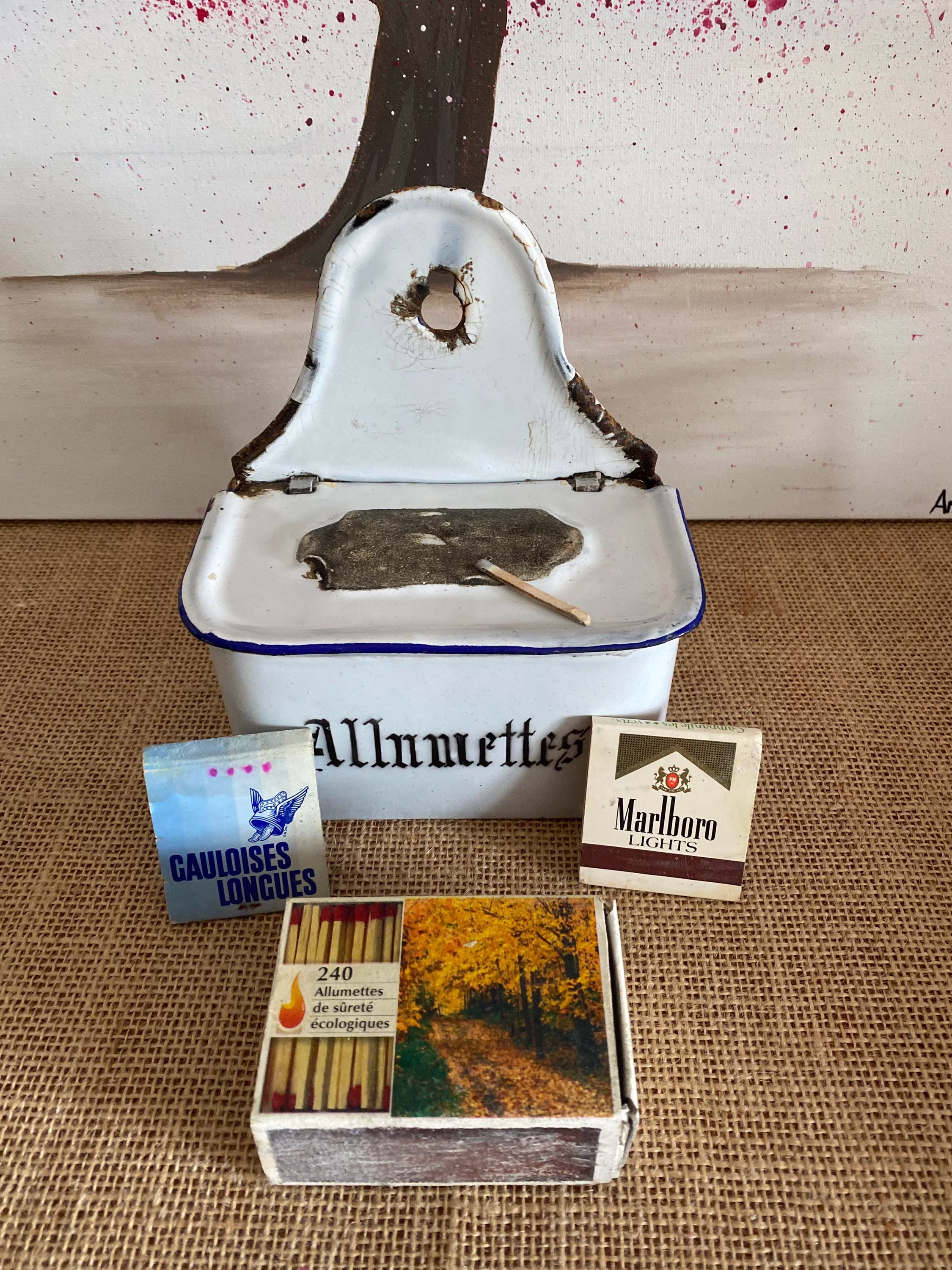 Original Antique French Enamel White & Blue Trimmed Metal Wall Mounted Matches Allumettes Salt Box With Hinged Lid