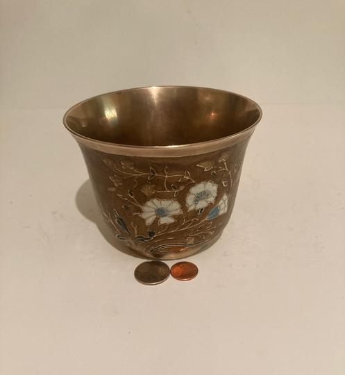 Vintage Metal Brass & Enamel Flower Design Pot, Container, Planter, Vase, Quality, Heavy Duty, 5" X 4