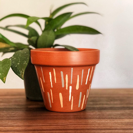 Boho Natural Lines Hand Painted Terracotta Pot | 3 4 6 Inch Cream, Blush, Grey Accents With Drainage Hole & Saucer Tray