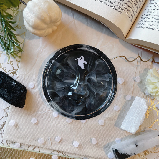 Smoky White & Black Ghost Resin Incense Dish, Halloween Art, Ashtray, Altar Decor, Jewelry Herb Holder, Witch Art