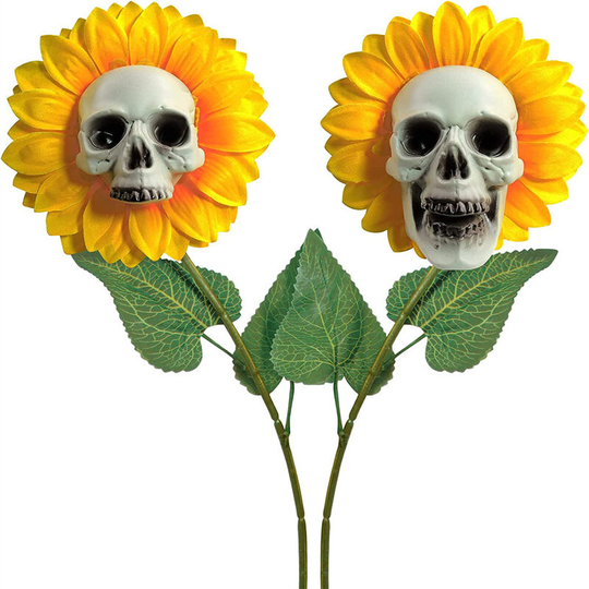 2 Pieces Halloween Skull Sunflower Head Simulation Sunflower Garden Plant Decoration Skull Flowers Outdoor Decorative(Section A+Section B)