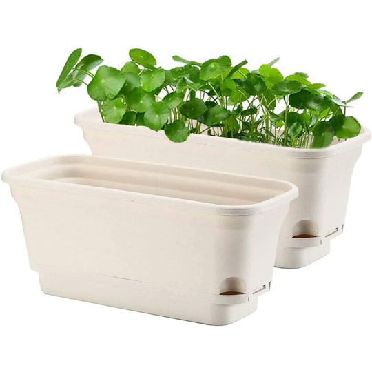Devenirriche - 40CM Self-Watering Plant Pot Rectangular Plastic Planters, Modern Decorative Flower Pot for All Plants, Flowers, Herbs - Beige, Set of