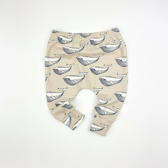 Whale Harem Leggings in Biscuit. Organic Unisex Pants For Baby. Baby Gift. Newborn Clothes. Designer Fabric