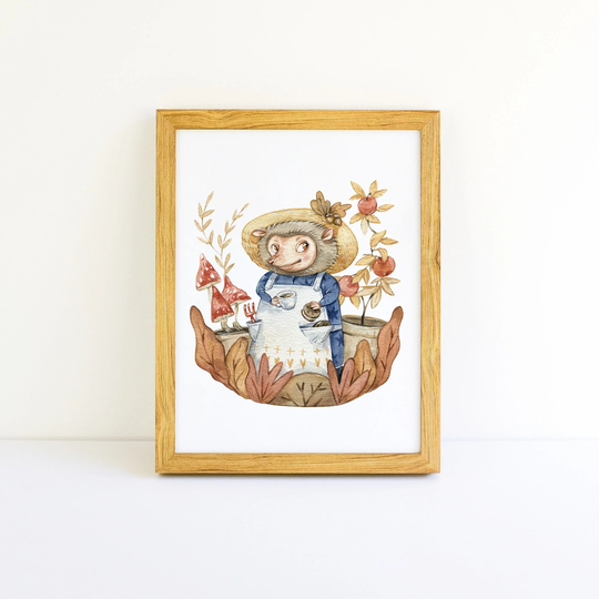 Hedgehog The Gardener Magic Forest Animal Poster Nursery Wall Art Kids Room Decor Watercolor Prints Collection Fall Season