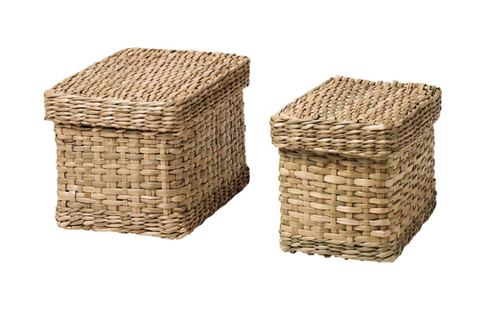 Hand Braided Bamboo Basket Storage Box Space Saver Home Organization Makeup With Lid Set Of 2