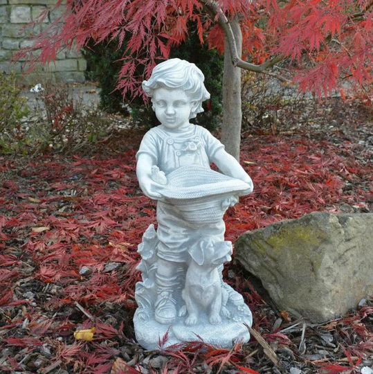 Garden Art With Cute Farm Boy Bird Bath Or Plant Pot For Porch Decor. Concrete Flower As Garden Gifts. Outdoor Cement Planter