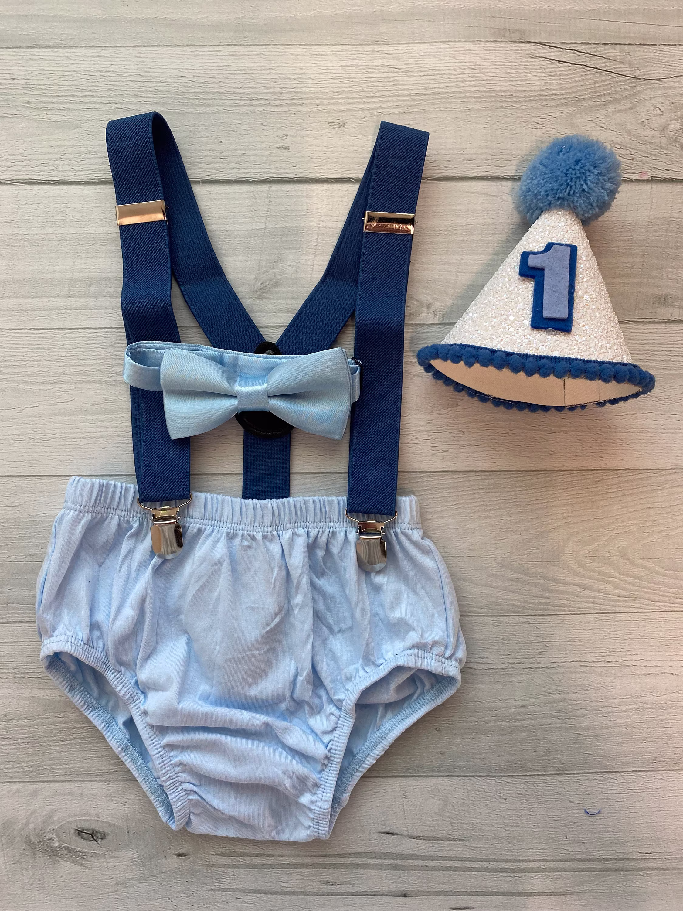 Powder Blue Smash Cake Outfit Boy First Birthday , Powder Cotton Diaper Cover, Heather Navy Suspenders & Powder Blue Bowtie, Hat