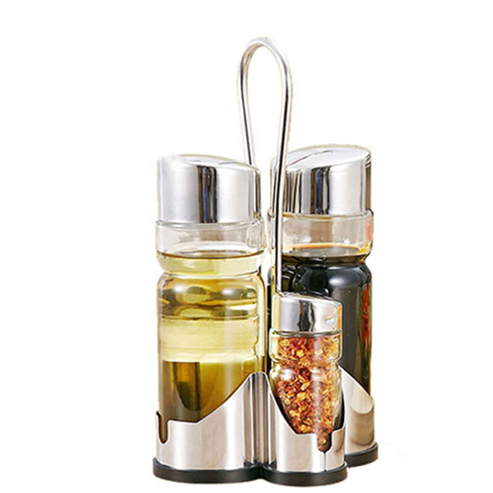 Asupermall - Seasoning Bottle Set Condiment Holder Seasoning Rack Four-in-One Oil Vinegar Dispensers Salt Pepper Shakers Glass Cruet Set with