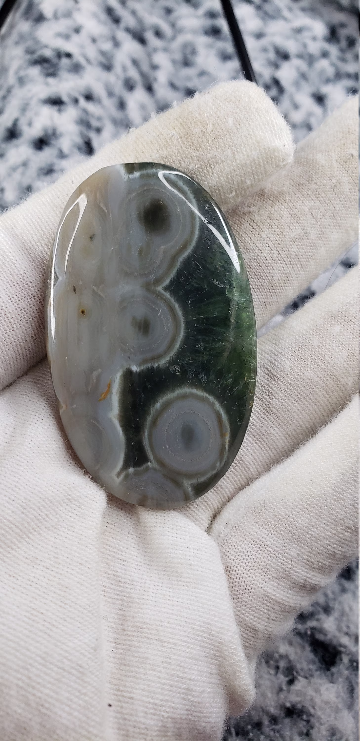 Ocean Jasper Cabochon - Gorgeous Green Crystalline Fibrous Section Bullseye Patterns 86.25Carats 55.3mm United States Seller