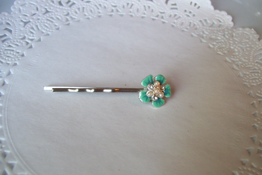 Flower Hair Pin - Hibiscus Rhinestone Repurposed Jewelry Blue Flower Pearl