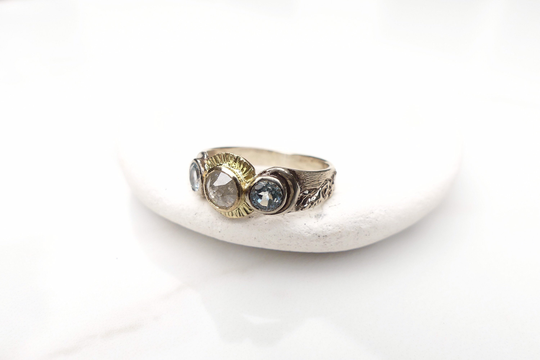 Custom 14K Solid White Gold Crescent Moon & Mountain Carved Engagement Ring. Yellow Sun Design Wedding Band. Salt Pepper Diamond