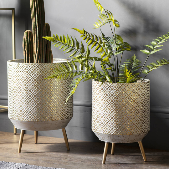 Set Of Two Decorative White And Gold Planters