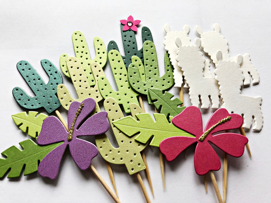 10 Llama, Cactus, Hibiscus Flower Cupcake Toppers - Fiesta Party Decorations Llama Baby Shower Mama Fun Cactus Decor