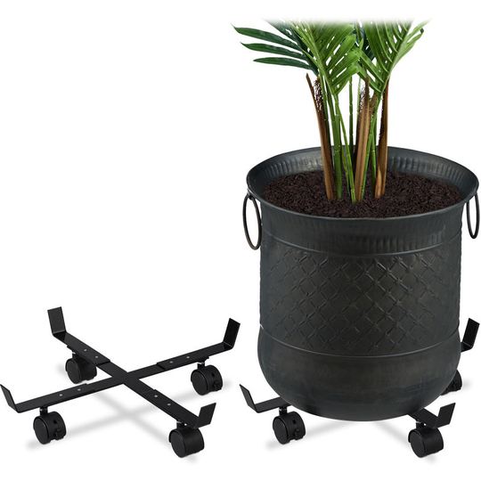 Relaxdays - Extendable Plant Caddy, Set of 2, Indoors & Outdoors, Wheels, Trolley for Pots with Max. 43 cm ø, Metal, Black