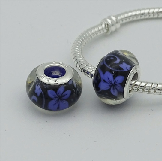 Murano Glass Blue Hibiscus Black Smooth Charm Bead With Silver Colored Core