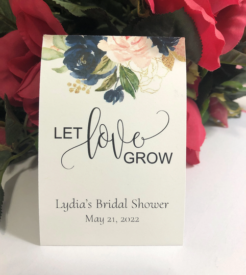 Let Love Grow Navy Blue & Pink Floral Bridal Shower Seed Packet Favors, Personalized, Packets, Seeds Included