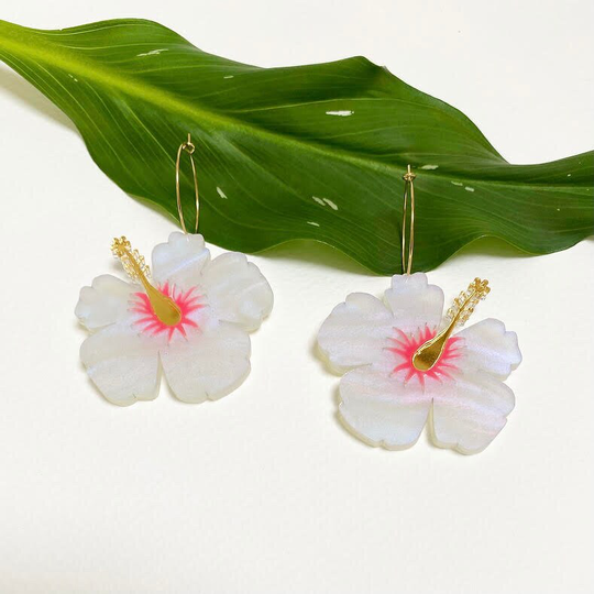 Large Hibiscus Sunset Earrings in White Pearlescent