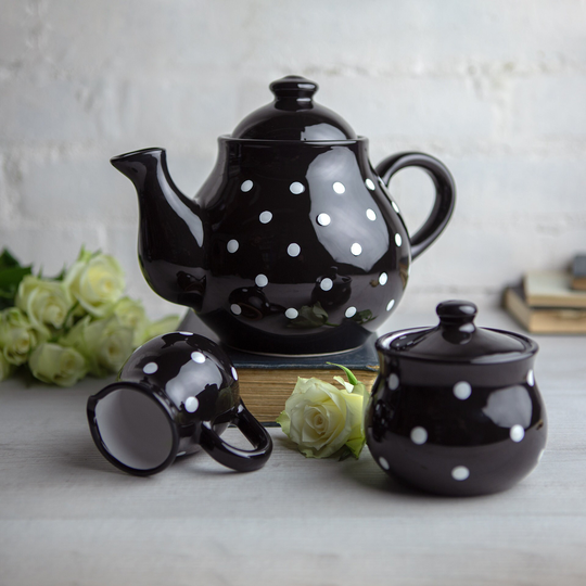 Black Ceramic Tea Set, Teapot Large Teapot, Milk Jug, Sugar Bowl Handmade Stoneware Pottery With White Polka Dot