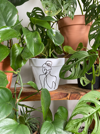 Plant Pot - White/Cream Terracotta Pot With Abstract Face